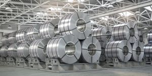 Rolls of metal sheet. Zinc, aluminium or steel sheet rolls on warehouse in factory.