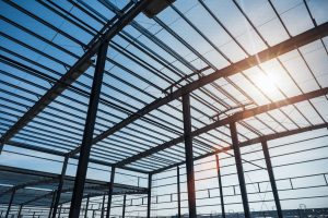 steel structure workshop in construction, steel frame factory building closeup